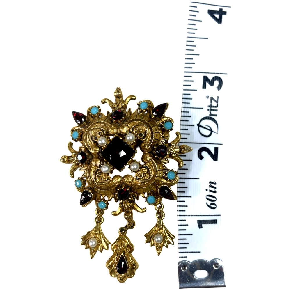 Vintage Florenza Gold and Red Filigree Victorian Brooch - Picture 7 of 9